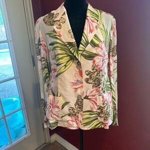 Talbots Petites Blazer 14P Silk Cotton Floral Leaf Print Button Front Korea Vtg